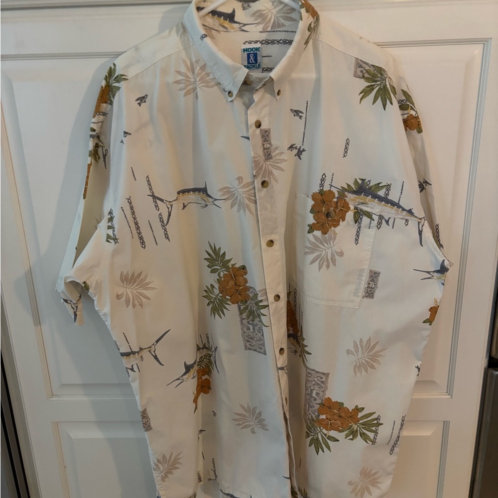 Hook & Tackle Mens Short Sleeve Cream Button Down Fishing Shirt Size 2XL‎